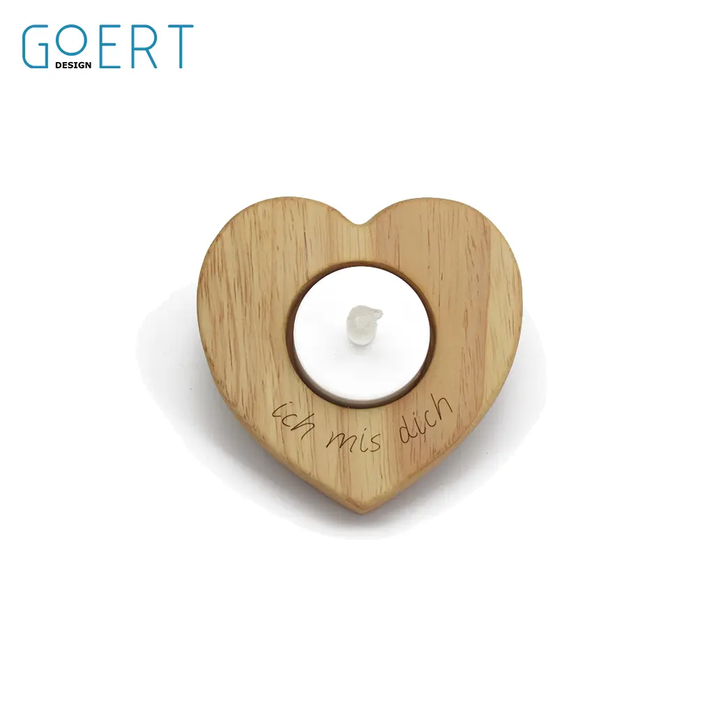 Houten waxinelichthouder hartvorm met de tekst "Ich mis dich".